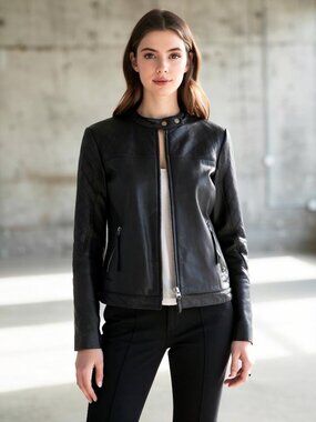 Moda International 100% Genuine Leather Black Moto Jacket (size XS)